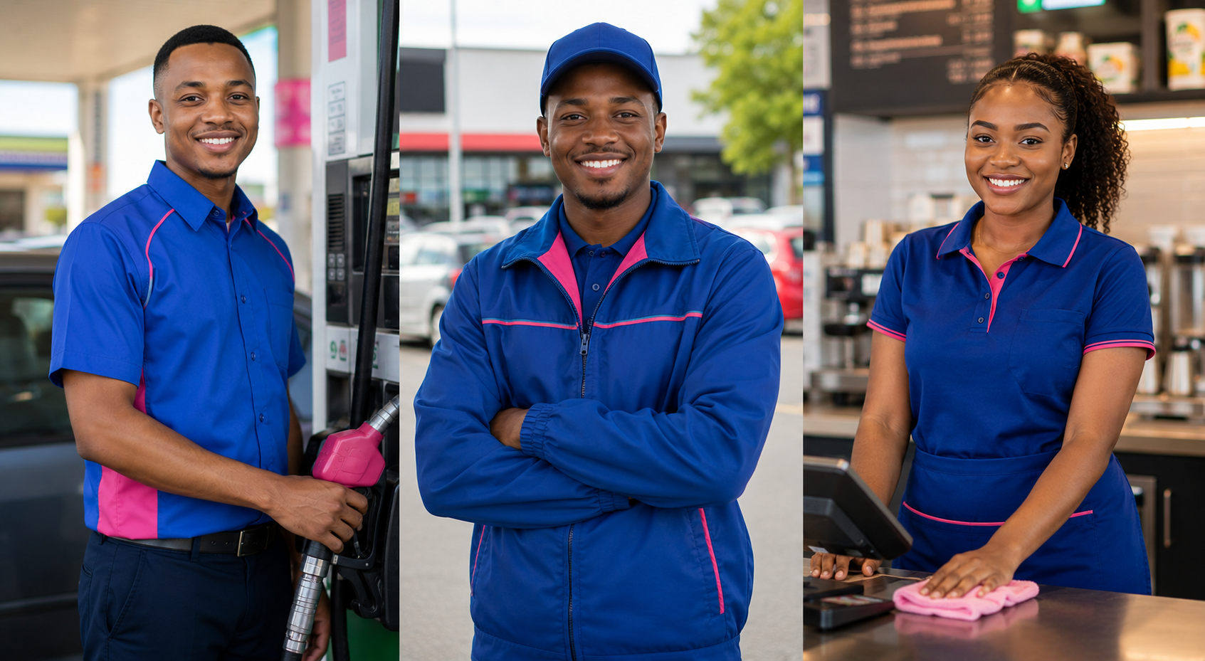 Everyday South African service workers — petrol attendant, mechanic and cashier